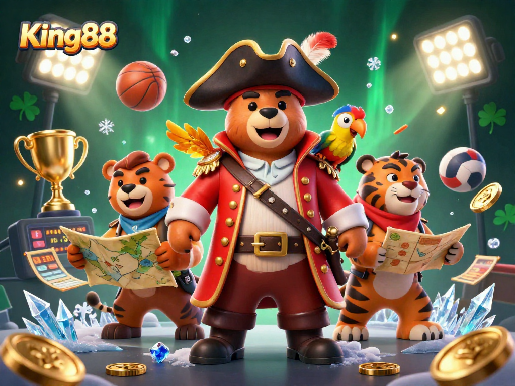 Bet on exciting games at King88, featuring a vibrant casino scene with dynamic sports elements and engaging characters.