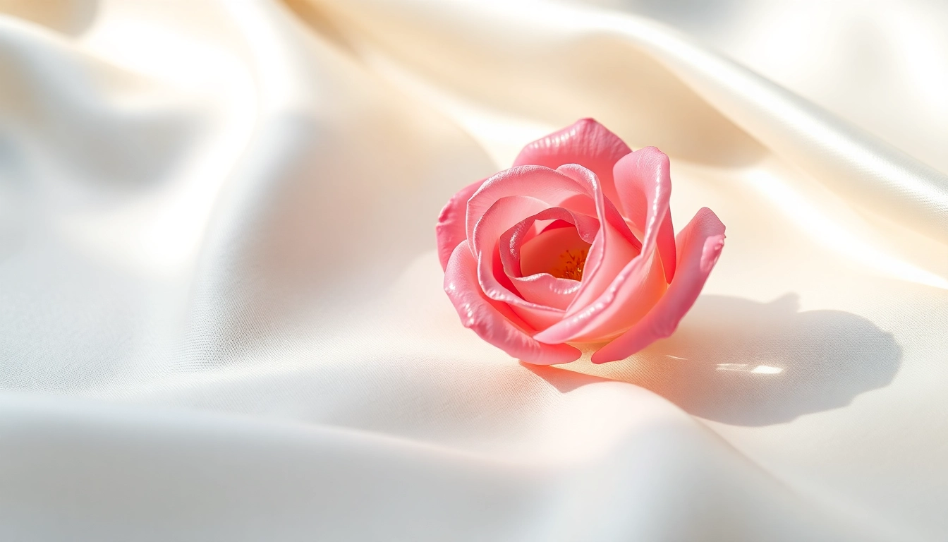 Rosenquarz Wirkung: Ein wunderschöner Rosenquarz auf Satin, der seine zarten Farben und Einschlüsse zeigt.