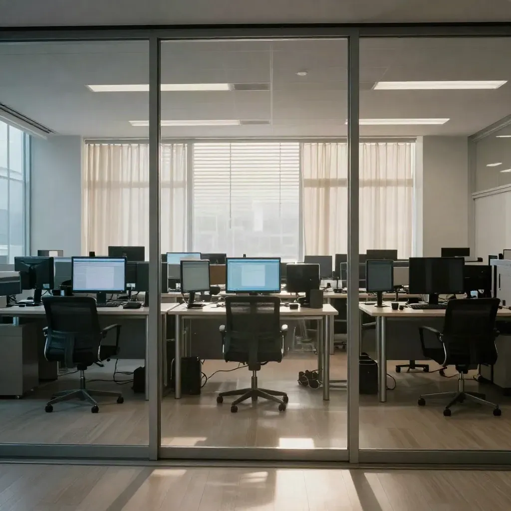 Finanzbüro hinter Glas mit Monitorreihen und hochziehenden Jalousien im Morgenlicht
