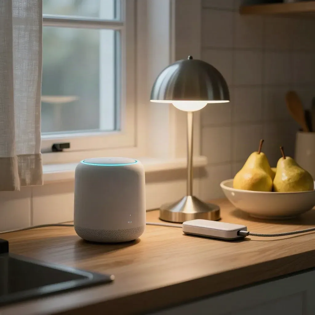 Ruhige Küche mit Smart Speaker, Lampe, Ladestation und Keramikschale im Abendlicht.