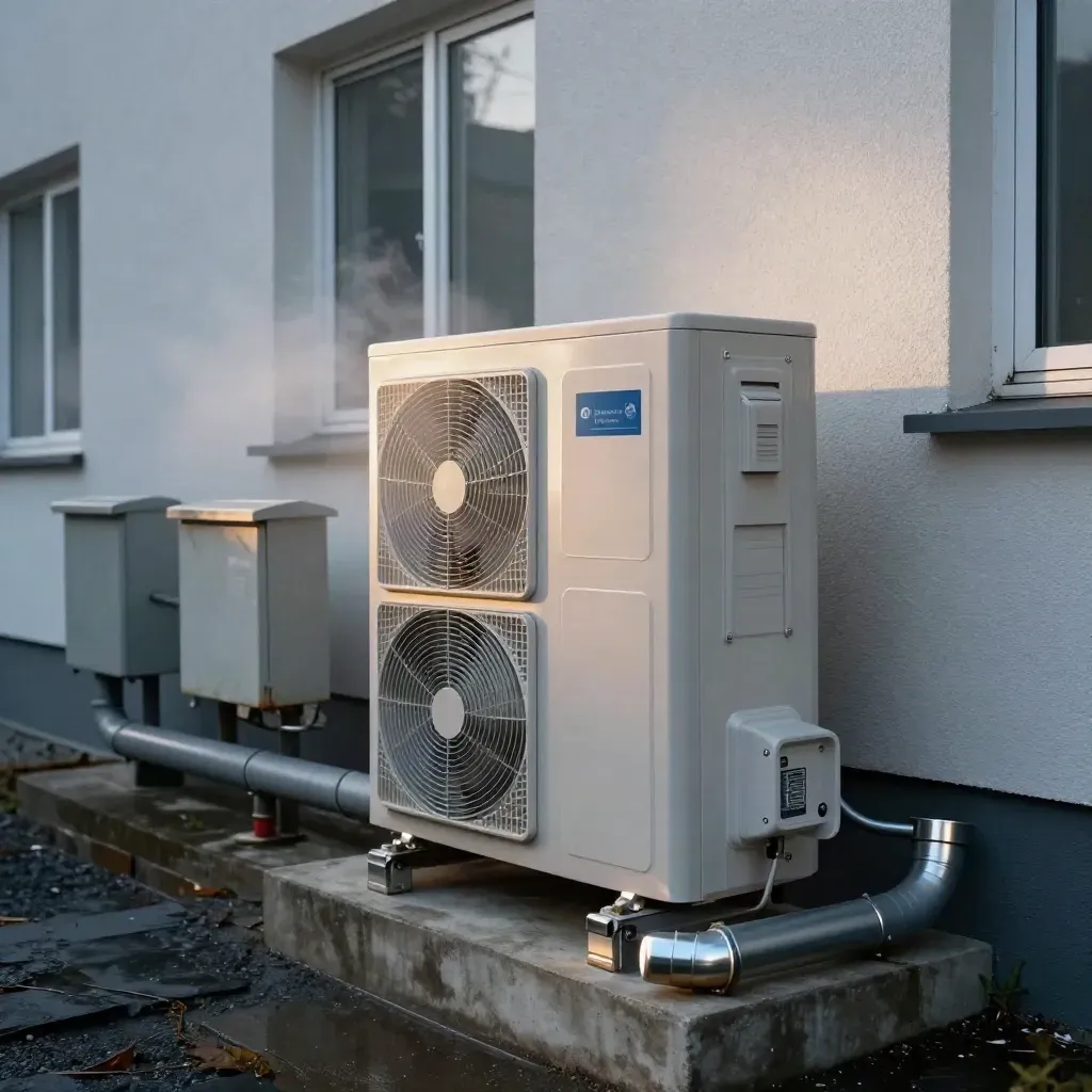 Wärmepumpe neben einem Mehrfamilienhaus im kalten Abendlicht mit Dampf und Kondenswasser
