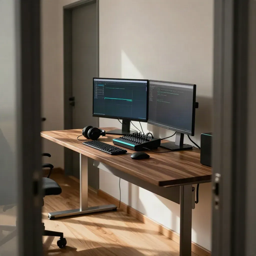 Redaktionsarbeitsplatz mit zwei Monitoren, Kopfhörern und Audio-Interface im warmen Abendlicht.