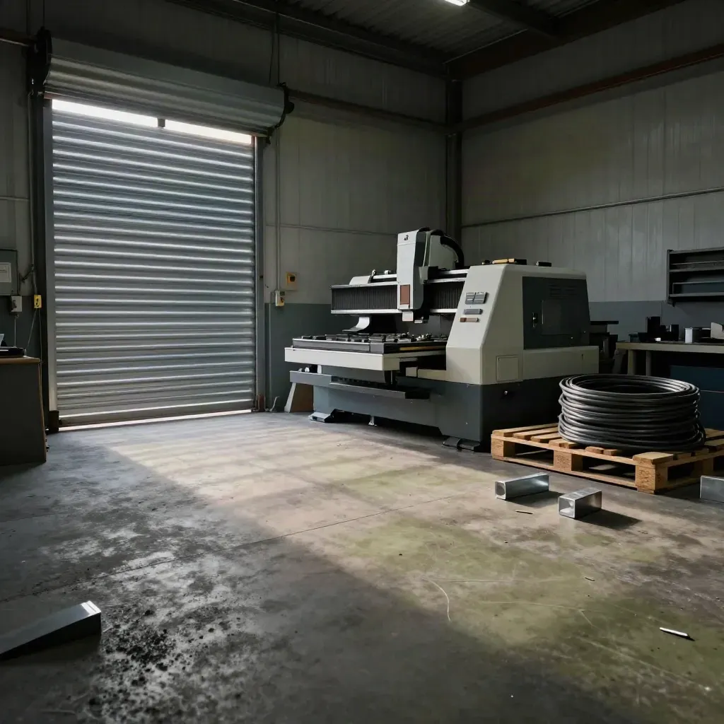 Halboffene Werkhalle mit CNC-Maschine, Paletten und Stahlteilen im grauen Morgenlicht