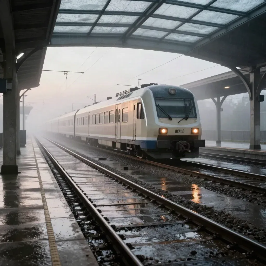 Nasser Bahnsteig mit einfahrendem Regionalzug im Morgennebel, schimmernde Schienen und Betonpfeiler.