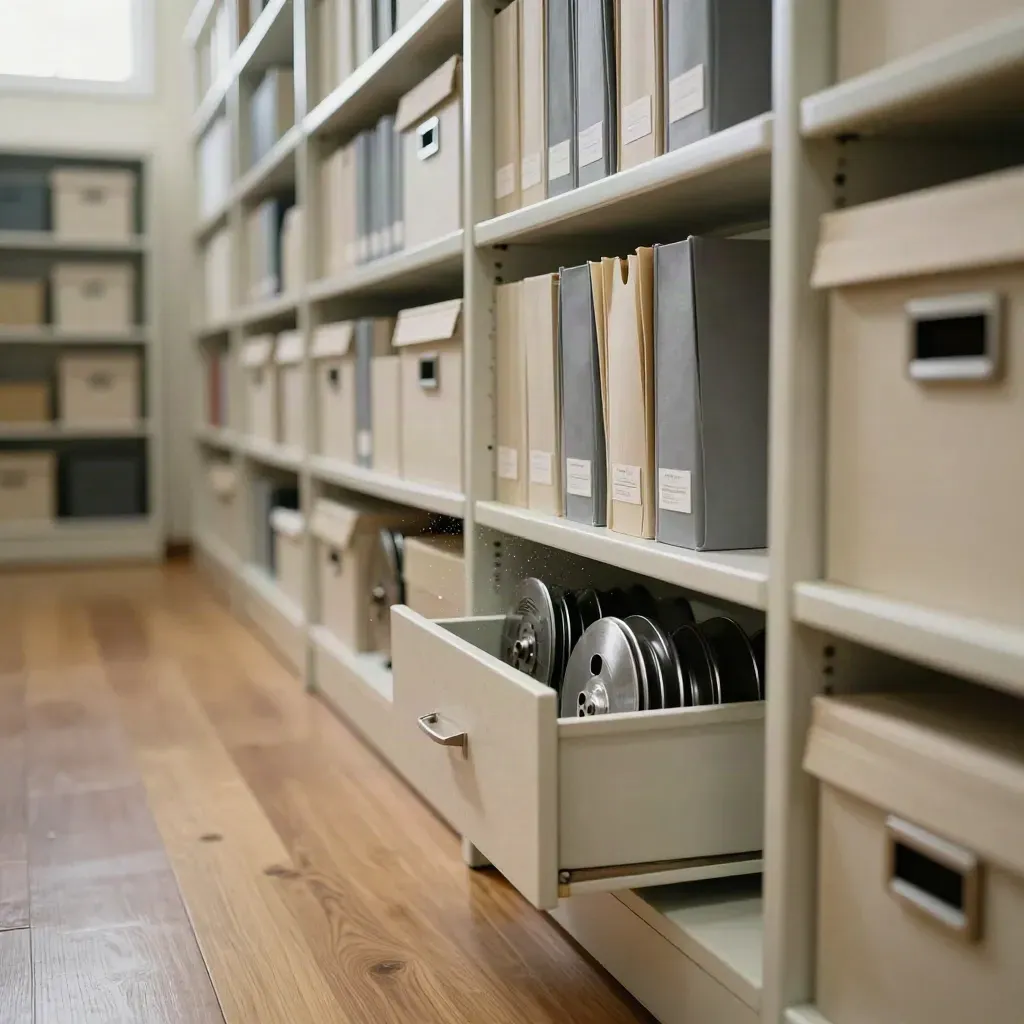 Schräger Blick tief ins Archivregal mit Boxen, Mappen und halb offener Schublade im Licht.