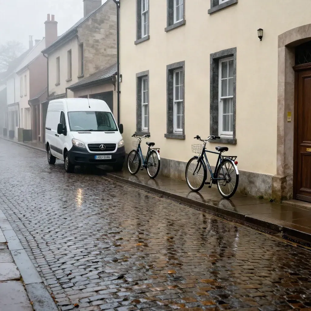 Nasse Kopfsteinpflasterstraße mit Lieferwagen und Fahrrädern am frühen Morgen nach Regen.