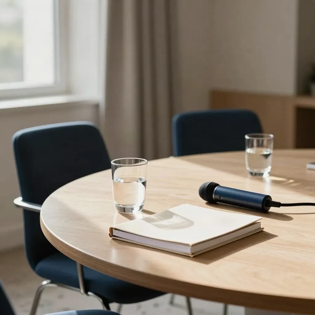 Runder Konferenztisch mit leeren Stühlen, Wassergläsern, Notizstapeln und Mikrofon im warmen Licht.
