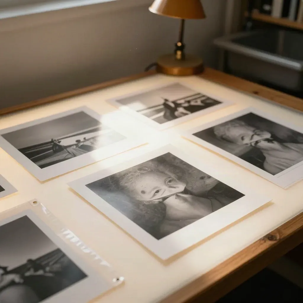 Leuchtpult mit Fotoabzügen und Kontaktstreifen im warmen Archivlicht