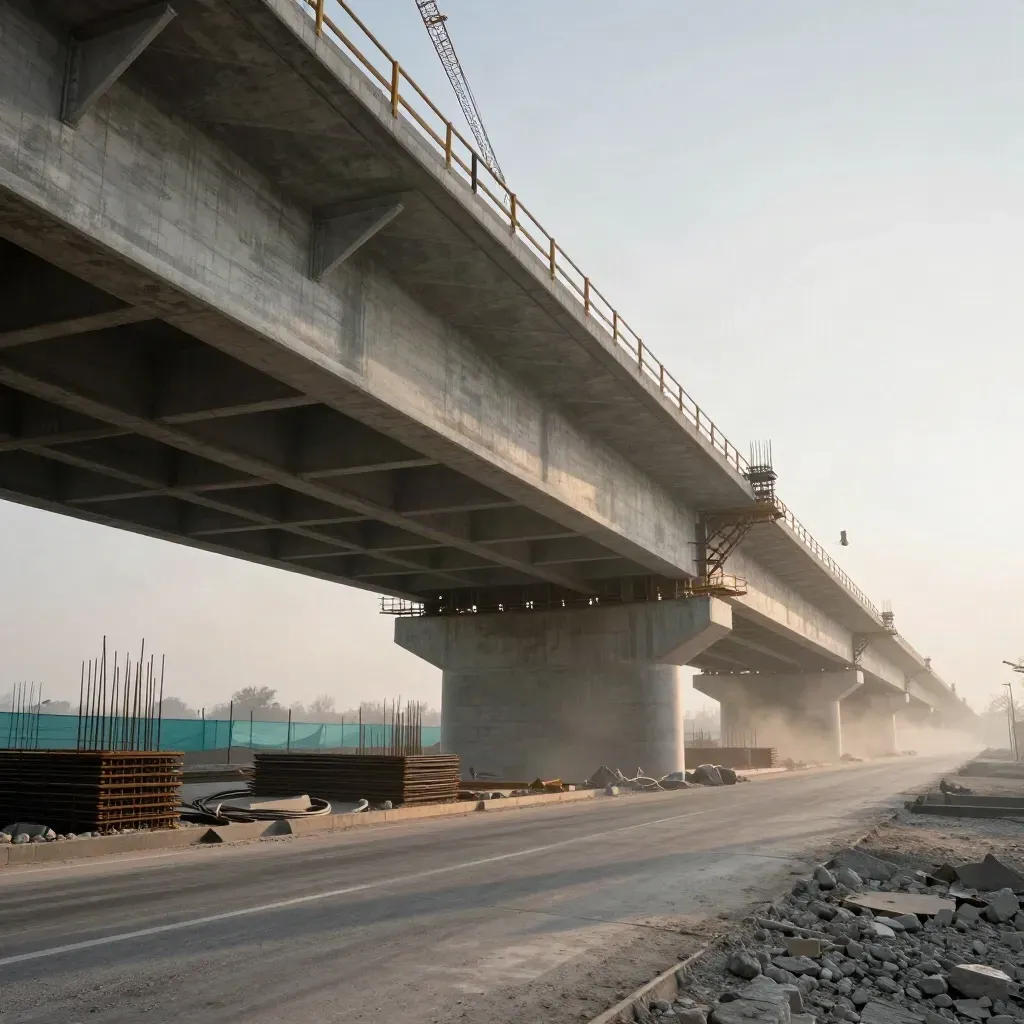 Unter einer Brückenbaustelle mit Beton, Stahlträgern, Kran und leerer Fahrbahn im Abendlicht.