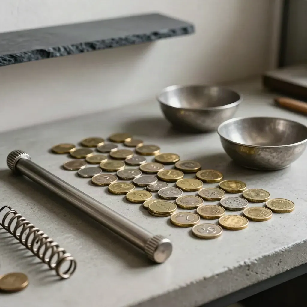 Zählstäbe, Münzreihen und Metallschalen auf Beton, ruhig und seriös inszeniert