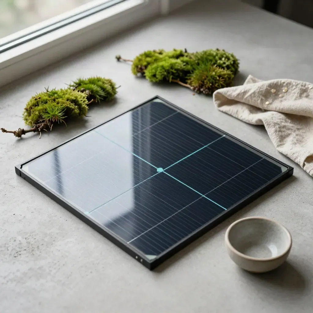 Solarzellenmodul mit Mooszweig, Leinentuch und Keramikschale auf hellem Beton