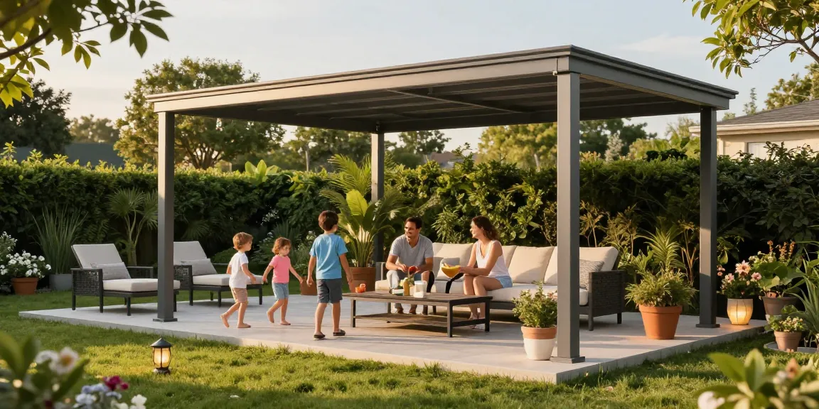 Moderne Terrassenüberdachungen in einem schönen Garten mit Familie.