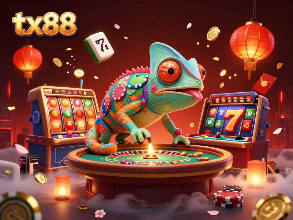 Engage with tx88's vibrant casino scene featuring a chameleon owner and dynamic slot elements.