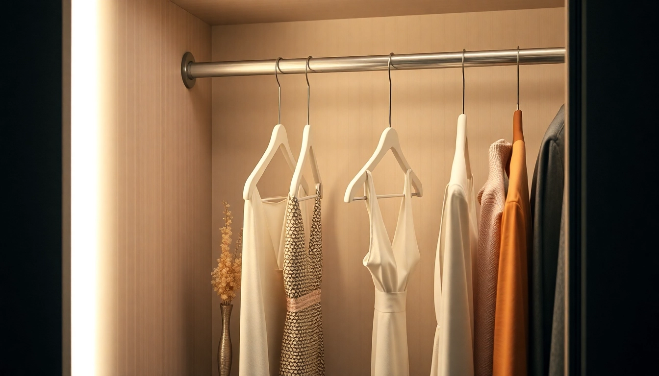 Präsentiere verschiedene hochwertige Kunststoff kleiderbügel in einem modernen Kleiderschrank mit ansprechender Beleuchtung.