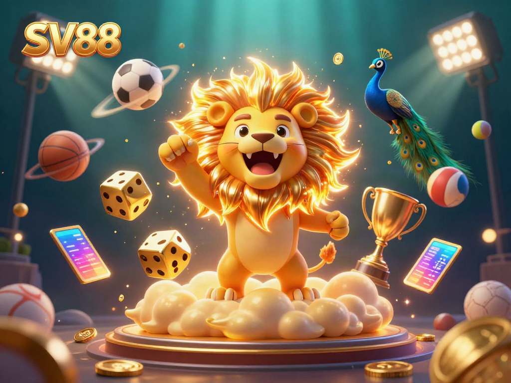 Experience the thrill of SV88 with an energetic scene featuring a golden sun lion, sports balls, and dazzling effects.