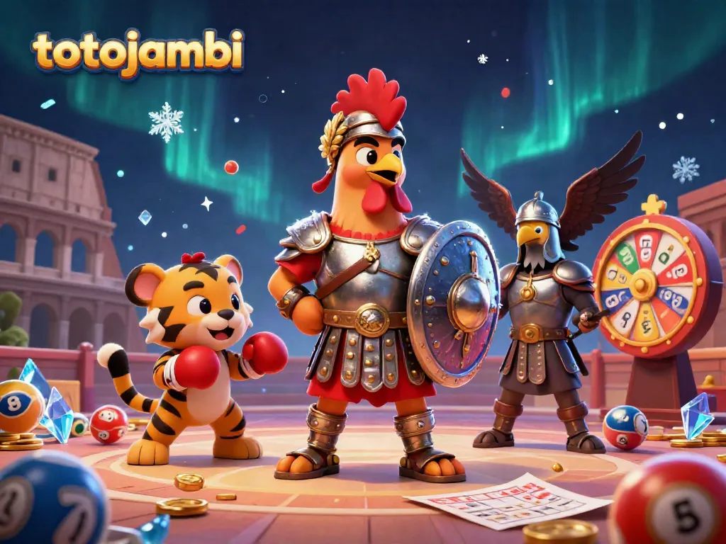 Totojambi presents an exciting lottery scene with a gladiator rooster, playful tiger cub, and eagle in a lively arena atmosphere.