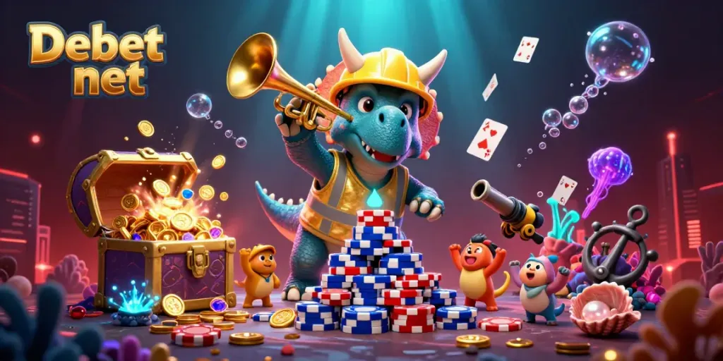 Engage with thrilling games at Debet net featuring a 3D triceratops building poker chips.