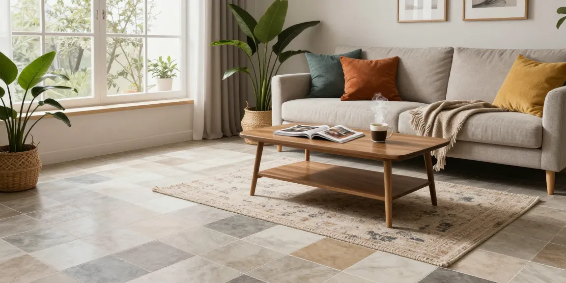 Mooie woonkamer met tegels in huis, elegante decoratie en uitnodigende sfeer.