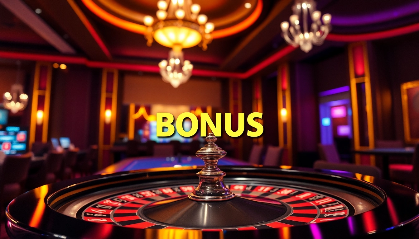 Erleben Sie den Casino Bonus mit einem stilvollen Roulette-Tisch und strahlenden Neonlichtern.