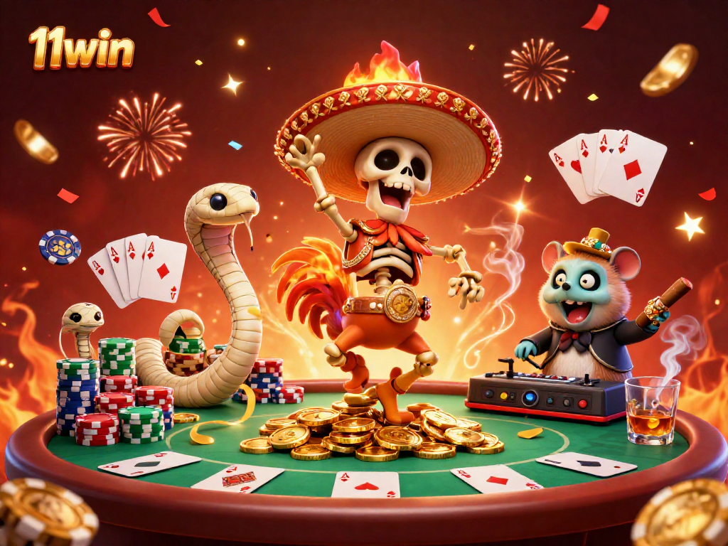 Experience the thrill of gaming at 11win, featuring poker excitement with vibrant characters and casino elements.