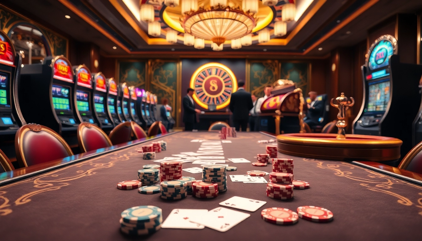 Experience the thrill of RR88 with vibrant casino scenes featuring poker and slot machines.