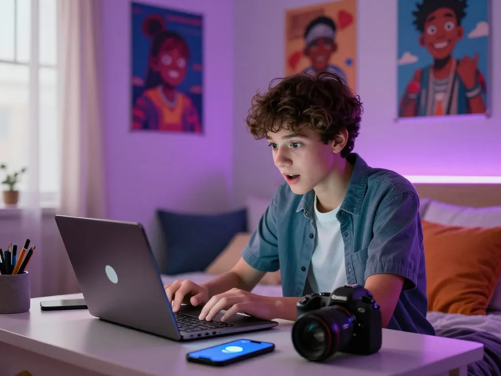 Teen using sexting AI chatbot in modern bedroom with vibrant decor and technology.