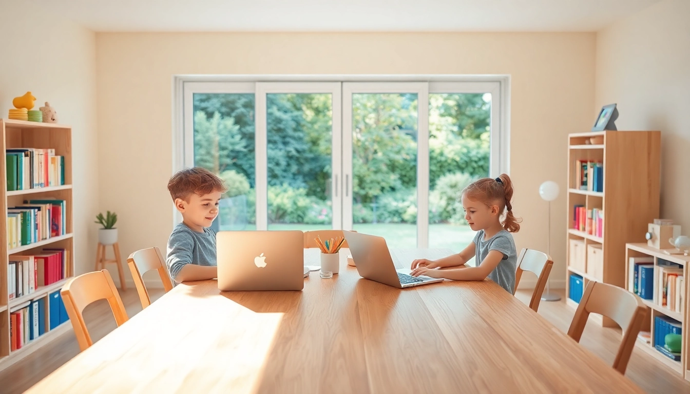 Begeisterte Kinder lernen gemeinsam im Heimunterricht in einem kreativen und einladenden Raum.