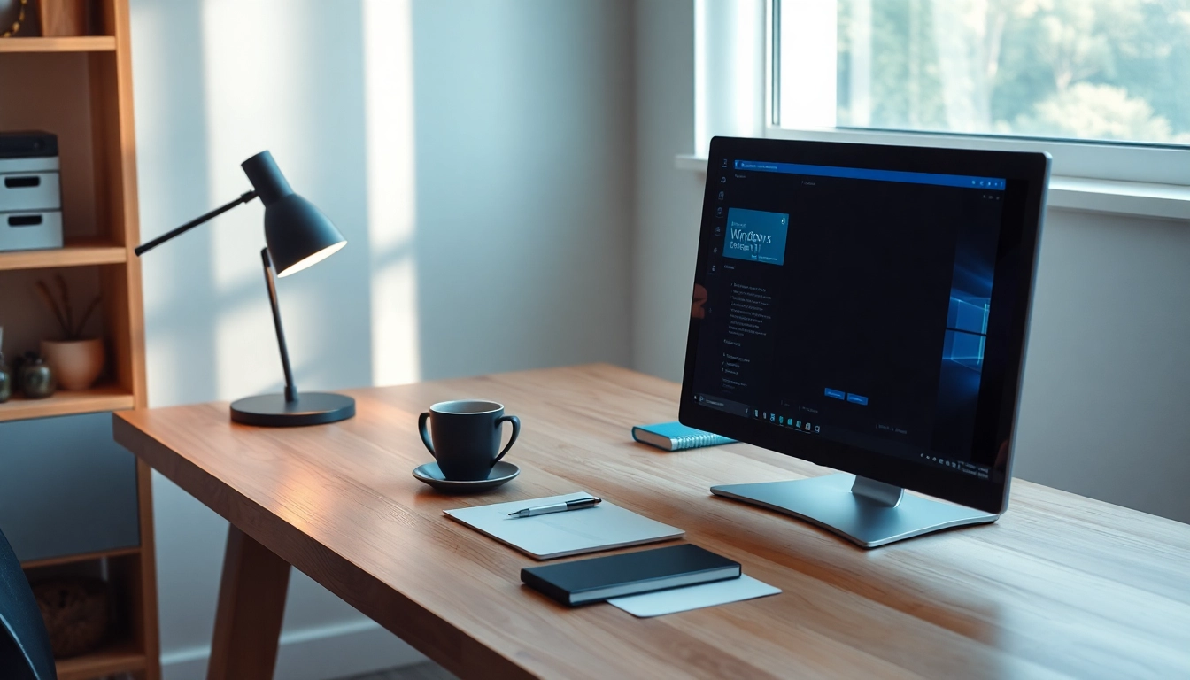 Windows 11 Pro offiziell kaufen mit digitaler Lizenz in einem modernen Home-Office-Setup, das Produktivität fördert.