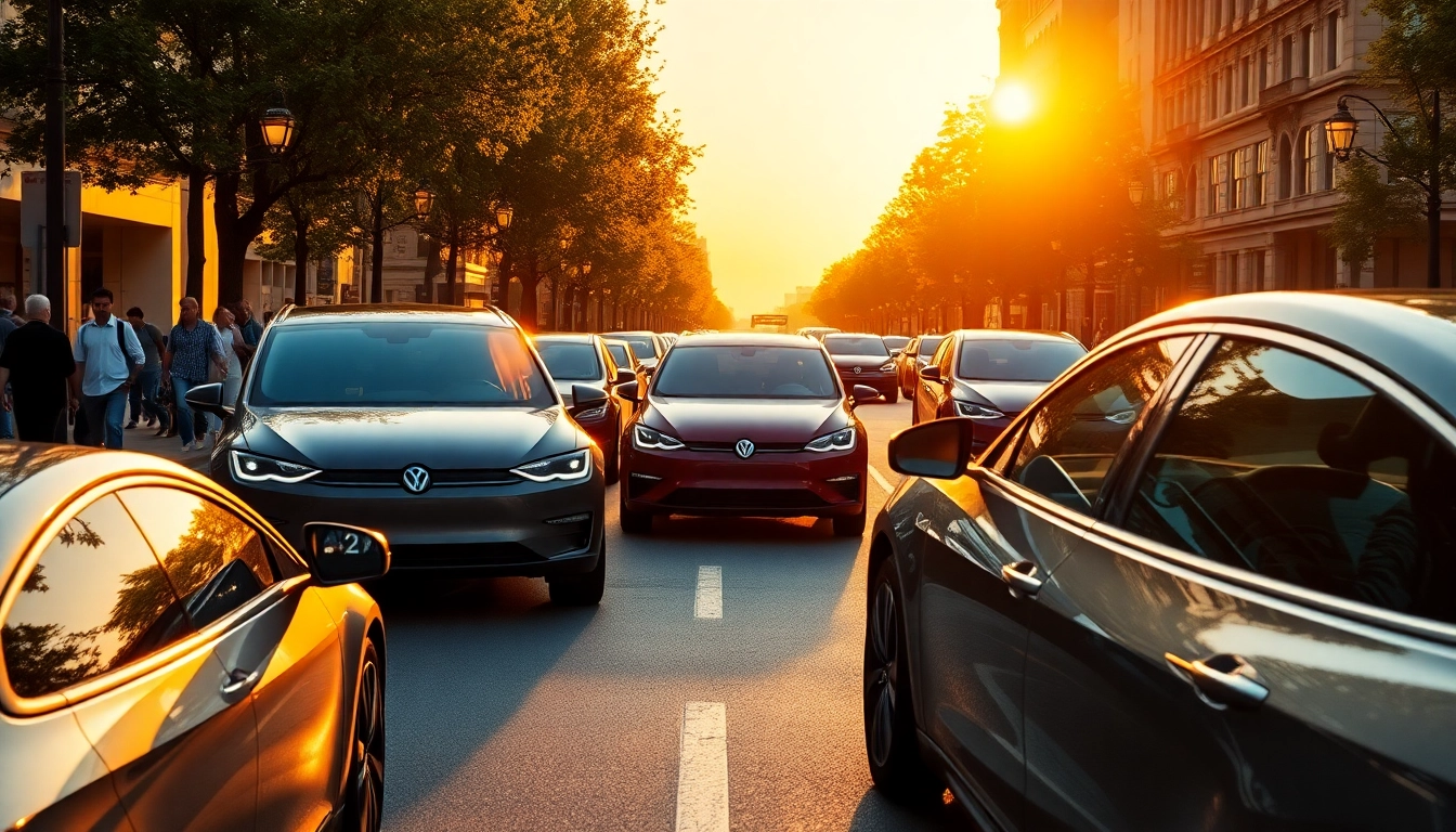 Elektroautos fahren dynamisch durch eine Stadtstraße bei Sonnenuntergang.