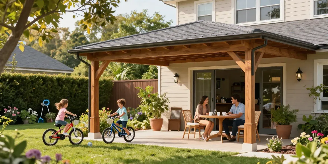 Moderne Carport-Design im Garten mit Familie, die im Freien spielt und entspannt