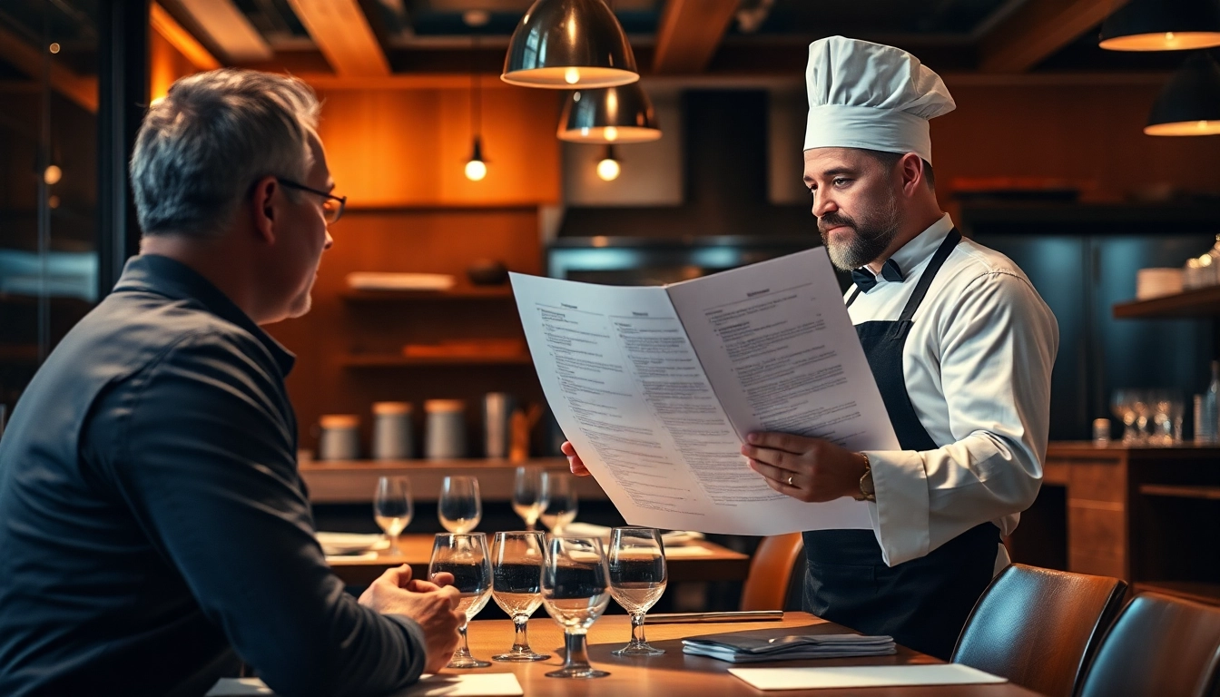 Headhunter Gastronomie diskutiert mit einem talentierten Koch in einer eleganten Restaurantküche.