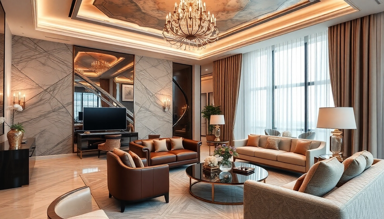 Luxury interior showcasing elegant sofas and exquisite decor, inviting warmth and comfort.