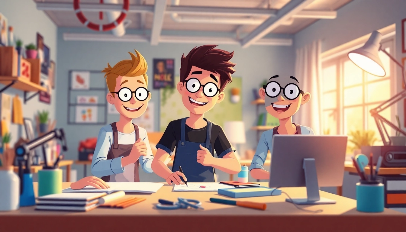 Animationsstudio mit Künstlern, die kreativ an digitalen Projekten arbeiten, um innovative Animationen zu schaffen.