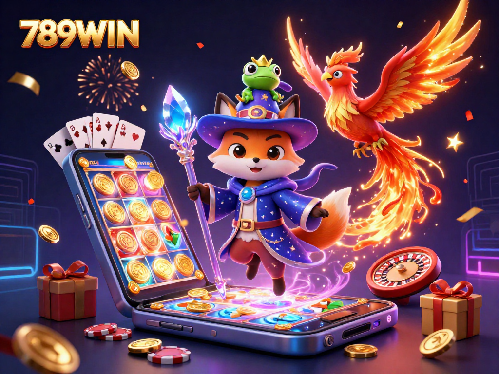 Win big with 789WIN through engaging 3D illustration featuring a wizard fox and a phoenix in a vibrant casino setting.