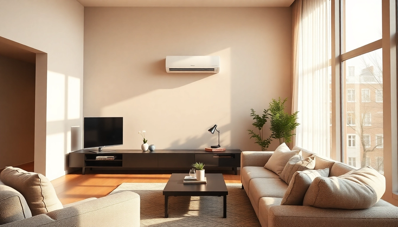 Efficient Klimaanlage cooling a contemporary living room with stylish decor and warm light.