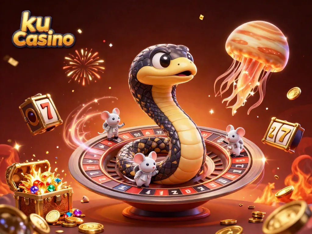 Experience the excitement of ku casino with a vibrant 3D scene showcasing cosmic bets and jackpot wheel action.