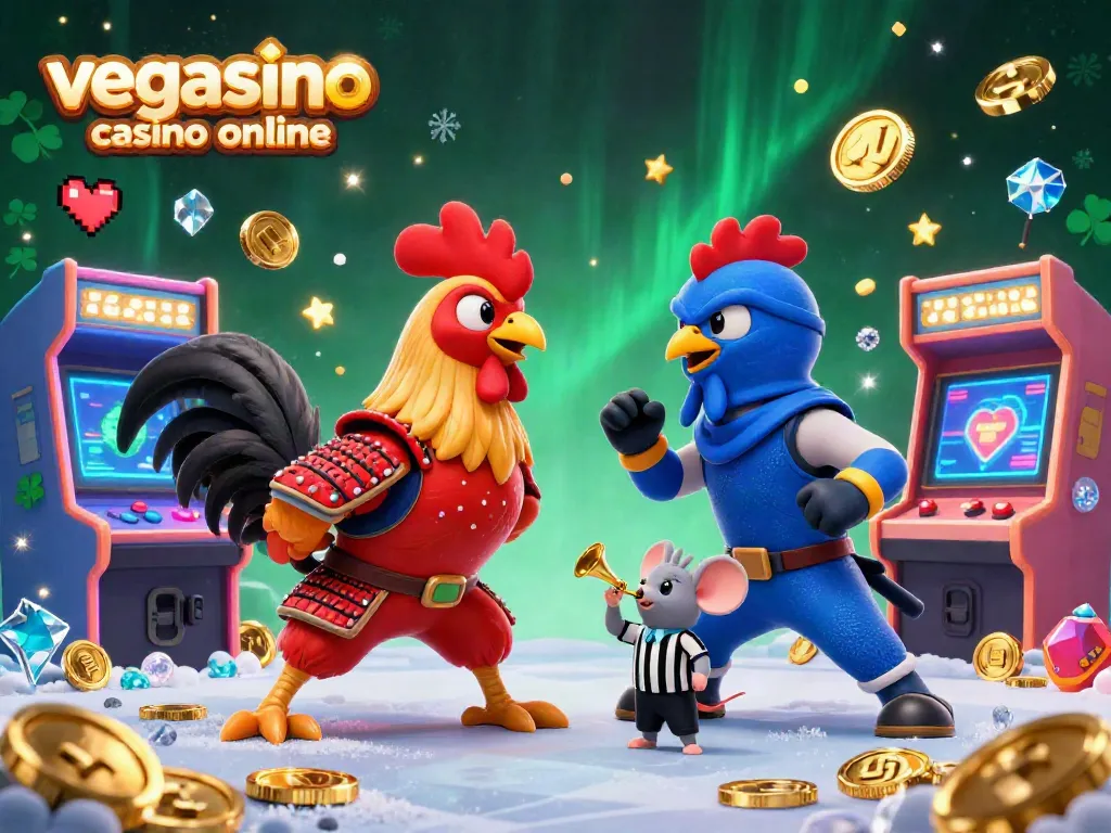Challenge your luck at vegasino casino online featuring epic rooster duel with vibrant gaming visuals.