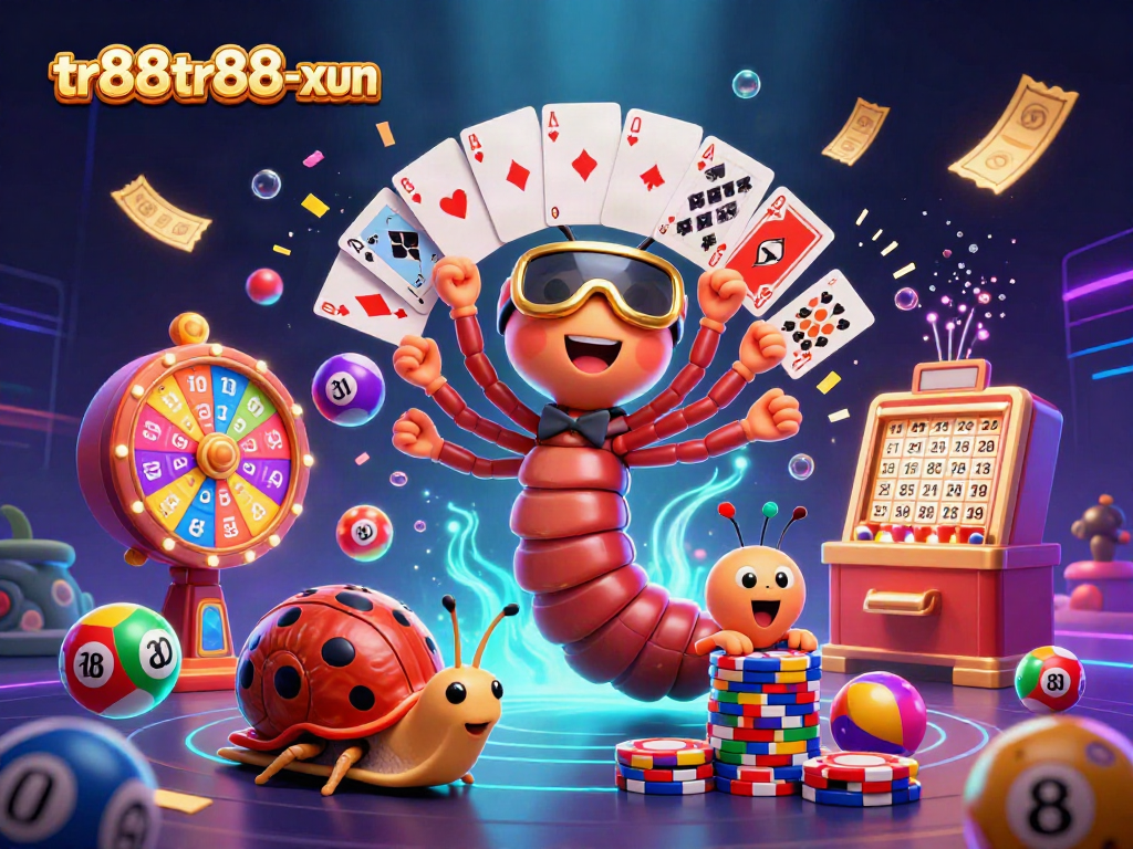 Experience exciting games with tr88tr88-xun's vibrant 3D casino illustration featuring colorful lottery elements.