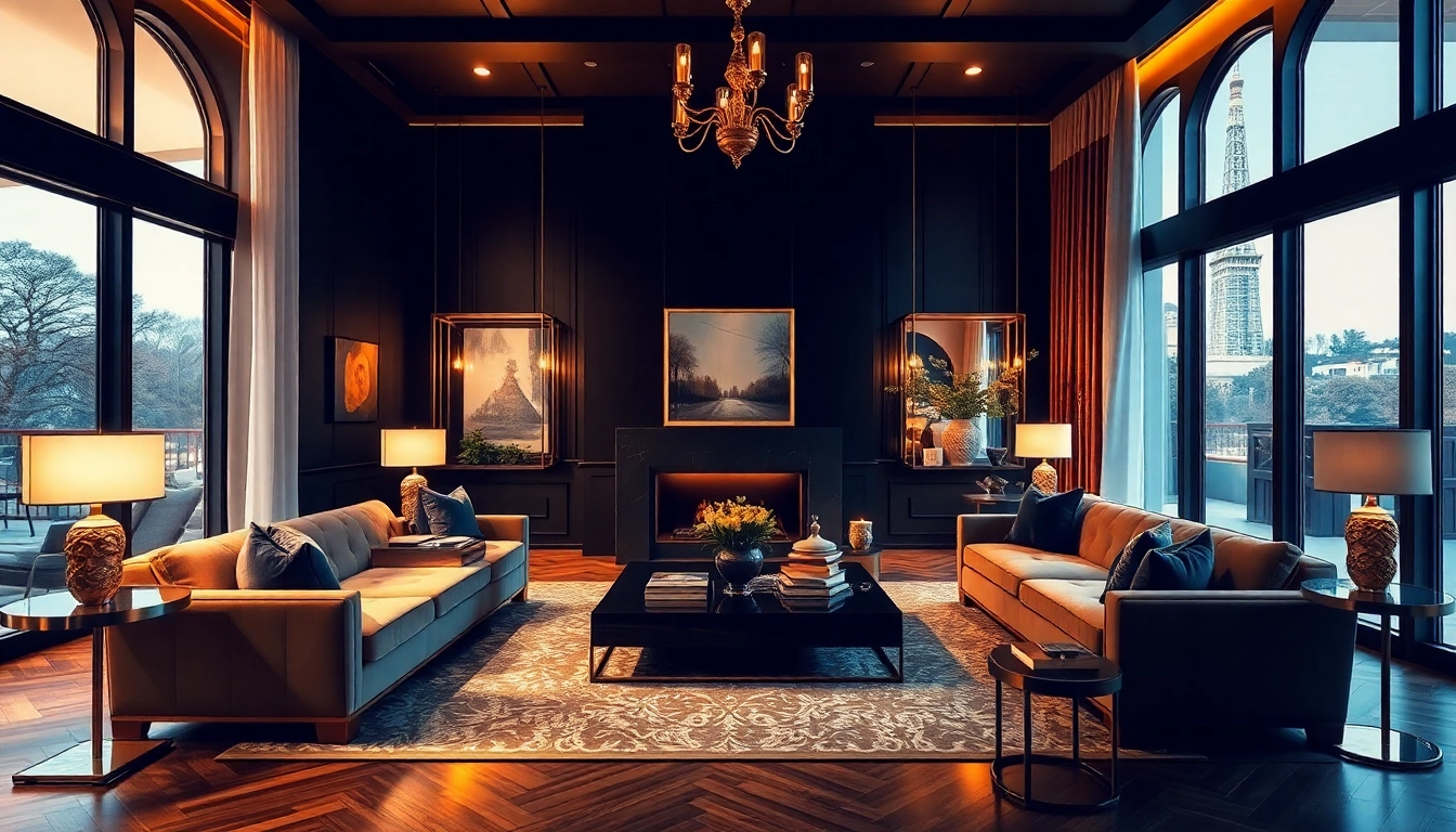 Luxury living room featuring elegant furniture and warm lighting creating a cozy ambiance.