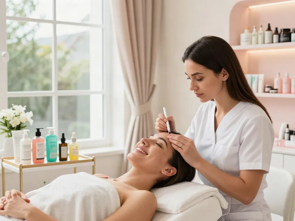 Augenringe abdecken mit der CCeye® Behandlung in einem hellen Schönheitssalon, freundliche Atmosphäre.