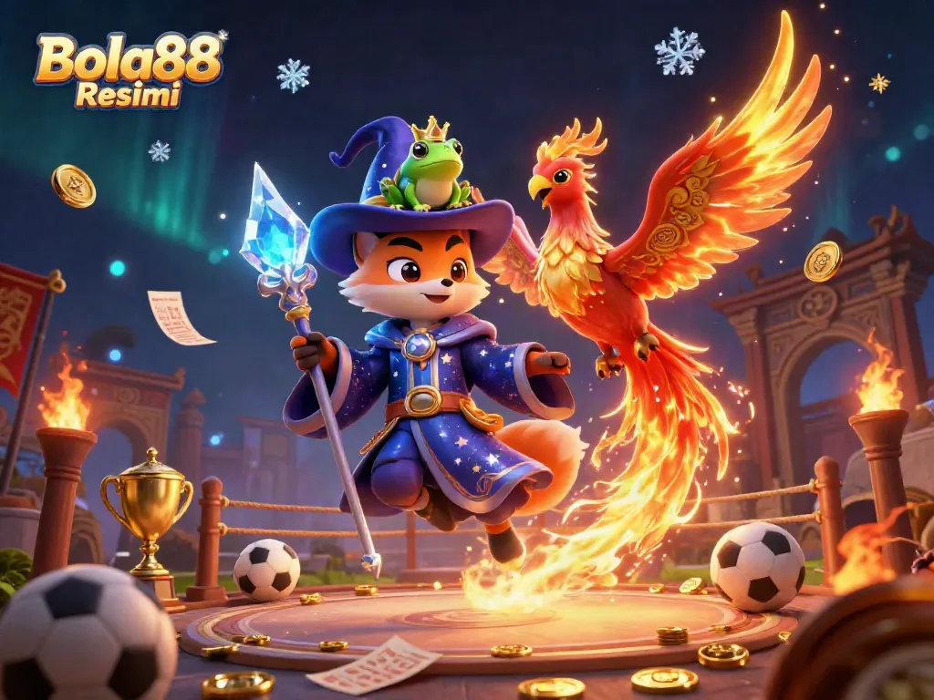 Bola88 Resmi showcases sports betting excitement with a mystical wizard fox and phoenix in a vibrant scene.