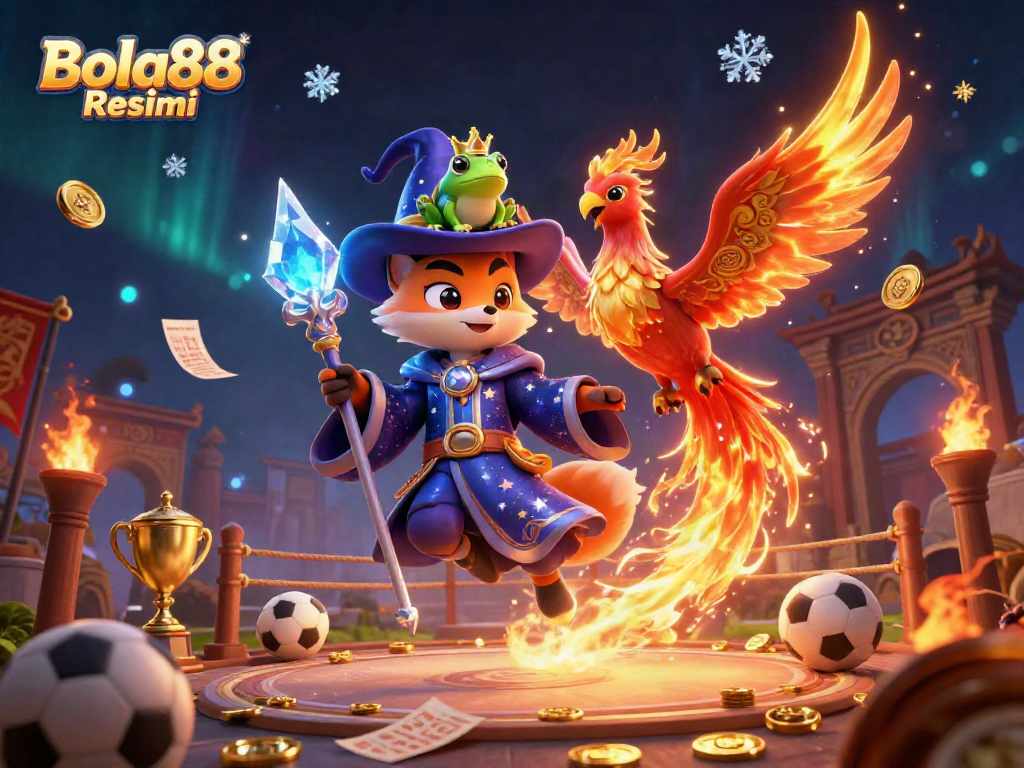 Bola88 Resmi showcases sports betting excitement with a mystical wizard fox and phoenix in a vibrant scene.