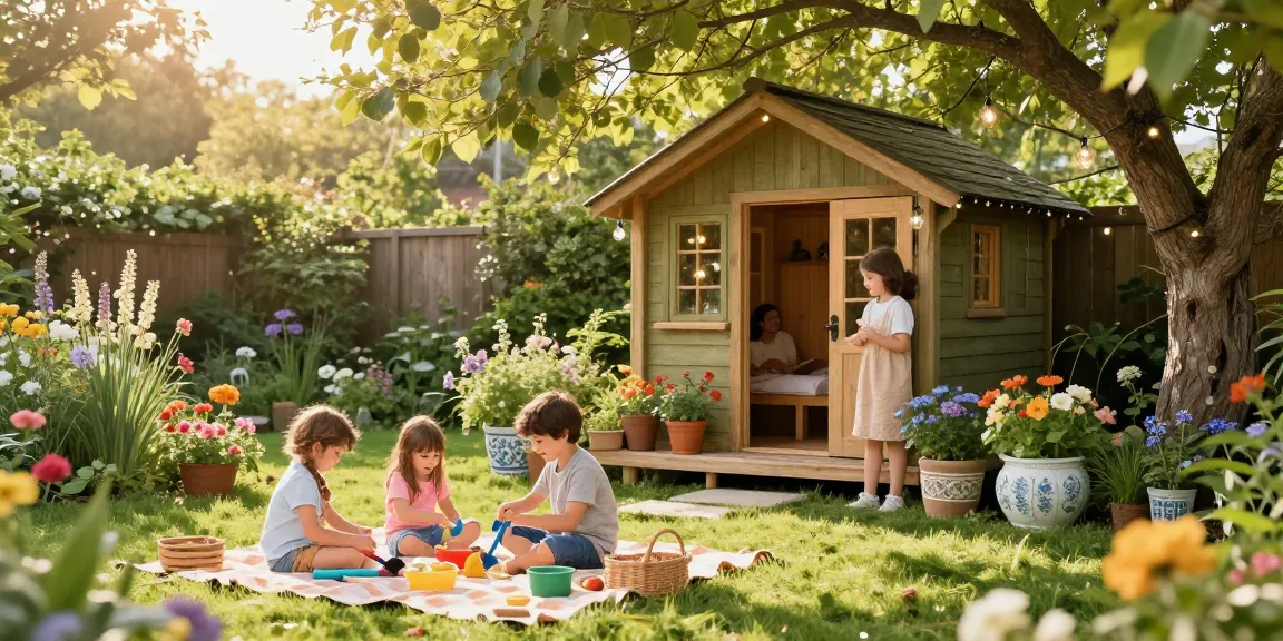 Gartenhäuser aus Holz in blühendem Garten mit spielenden Kindern und einem Picknick.