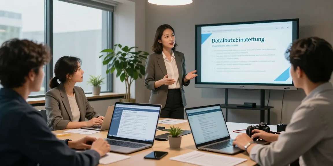 Consultant demonstrating Datenschutz Dienstleistung in a professional office meeting.
