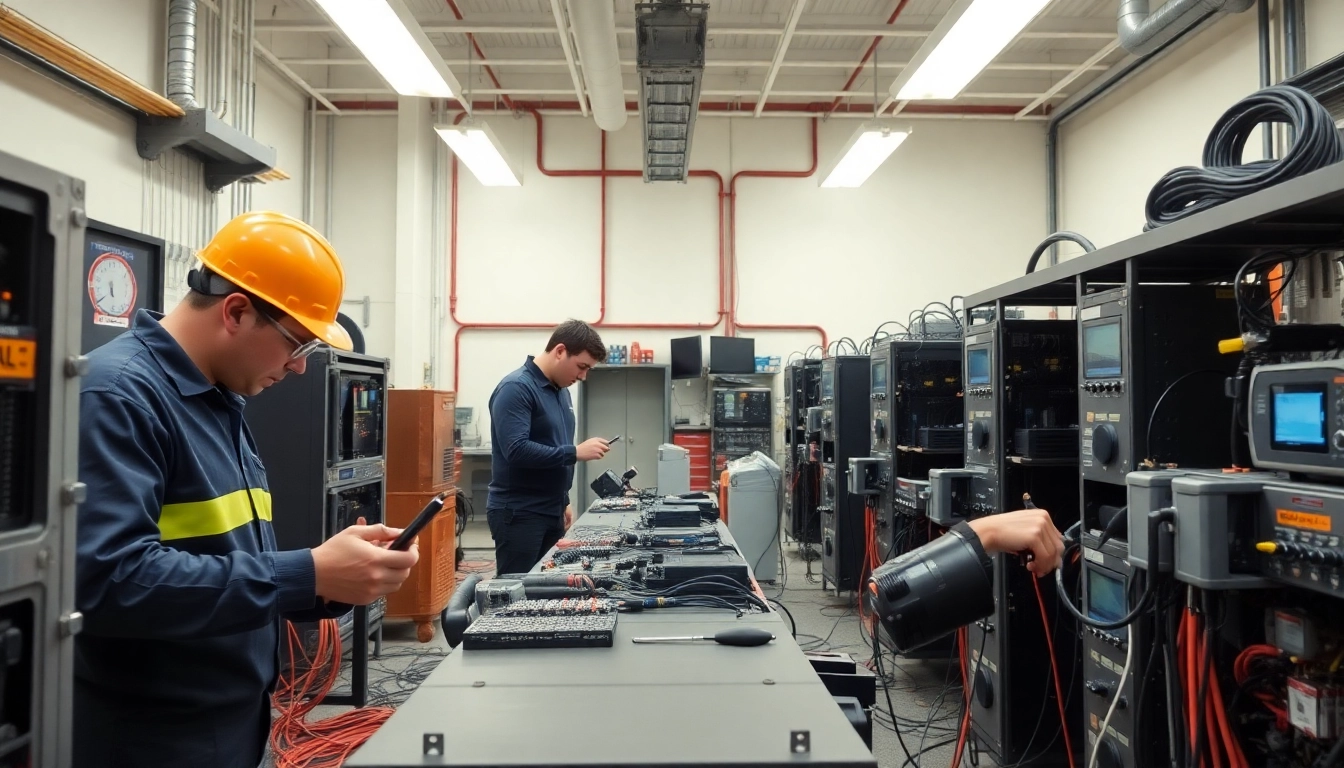 Technicians conducting DGUV V3 Prüfung on electrical equipment, ensuring safety standards are met.