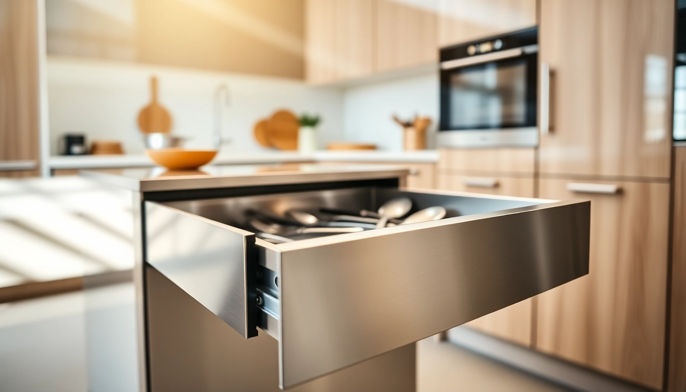 Präsentation des Double Wall Drawer System in einer modernen Küchenschublade, die eine glatte Metalloberfläche zeigt.