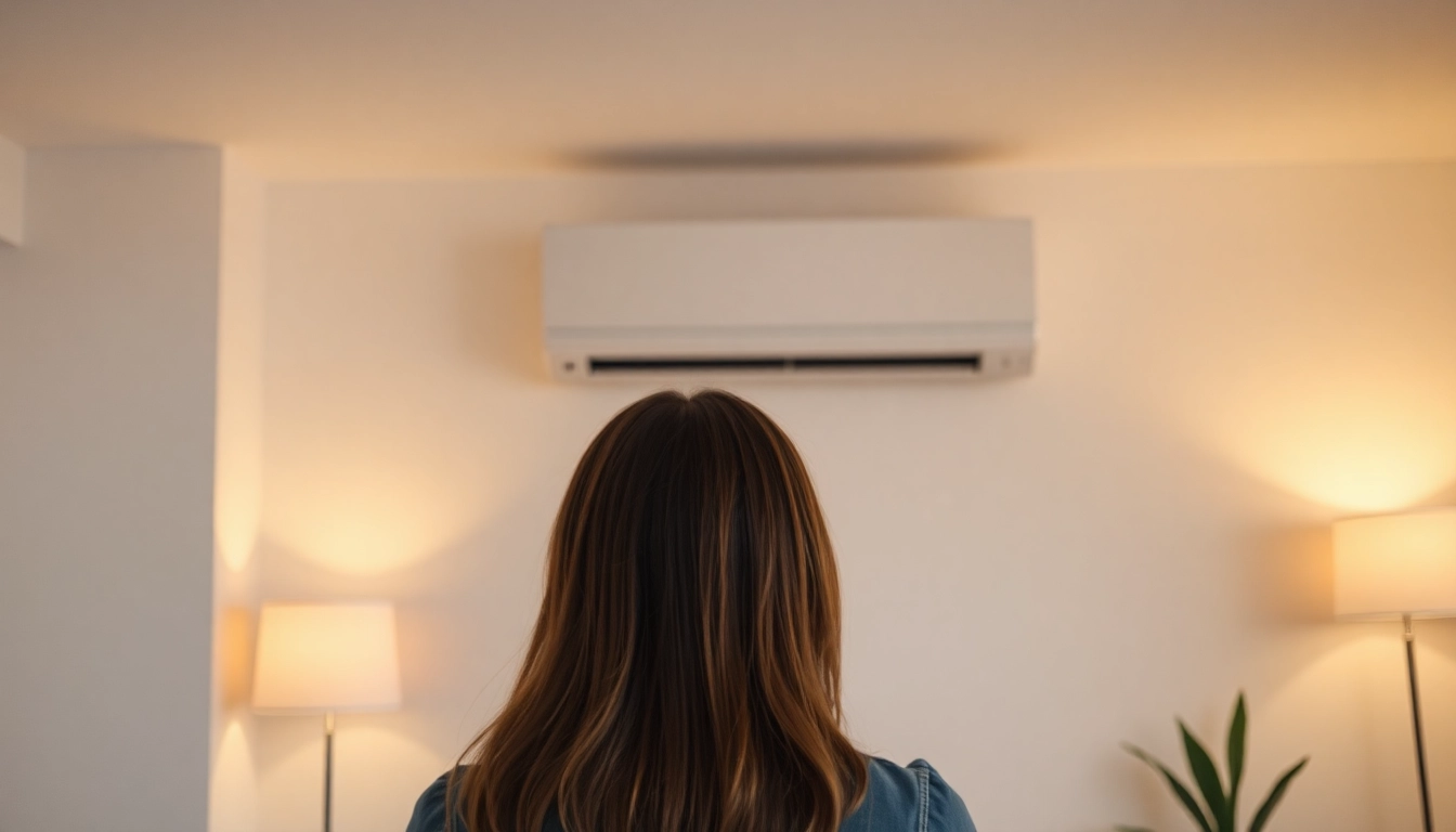 Klimaanlage im modernen Wohnzimmer mit sanftem Licht und eleganter Ausstattung