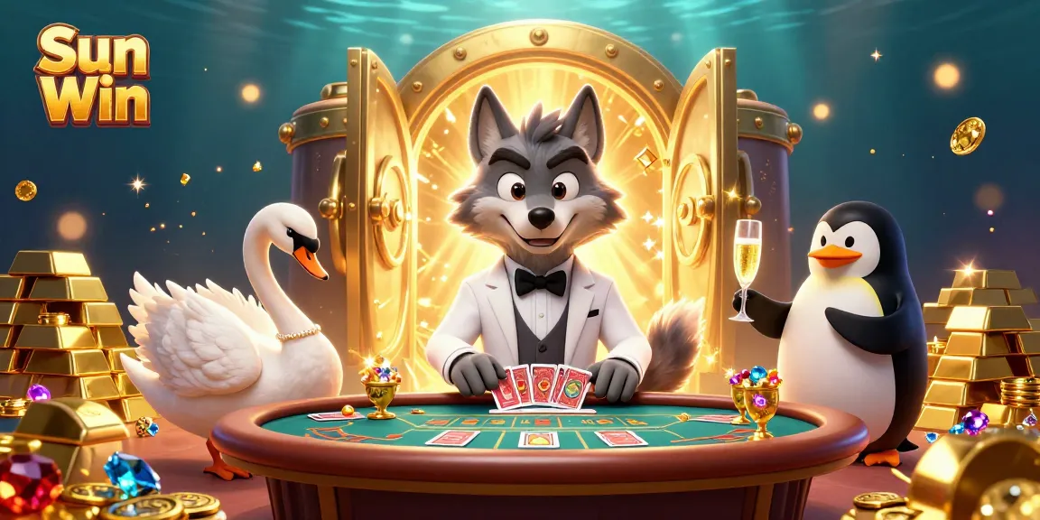 Play at Sun Win's vibrant baccarat table with luxurious characters amidst heaps of riches and sparkling gems.