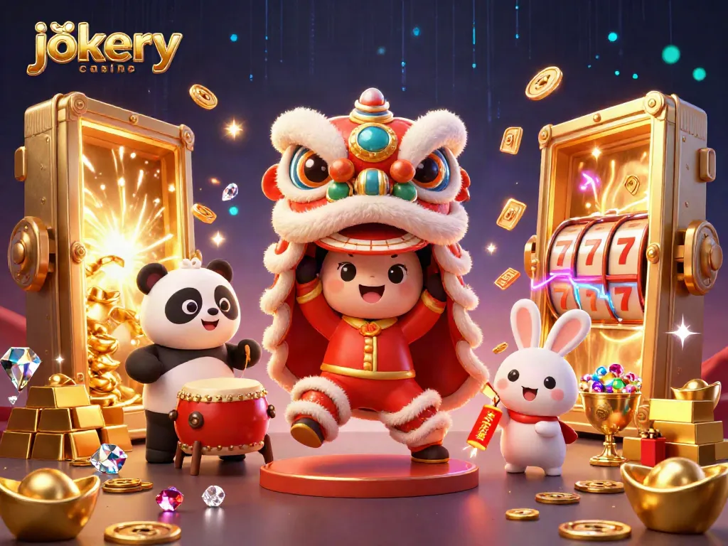 Experience the thrills of jokery casino with a vibrant lion dance and treasure features in this dynamic illustration.