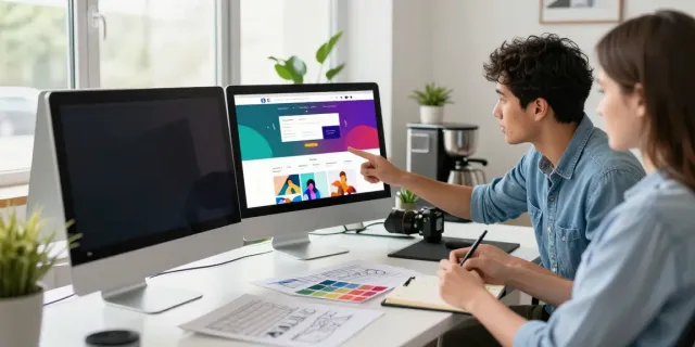 Webdesign Saarland: Kreativer Webdesigner präsentiert einem Kunden ein Website-Design in einem modernen Büro.